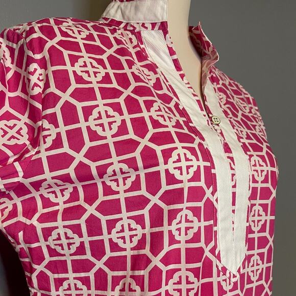 Peter Millar Medium Split V Neck Tunic Top Geometric Pink Preppy Zip Side - Picture 2 of 8